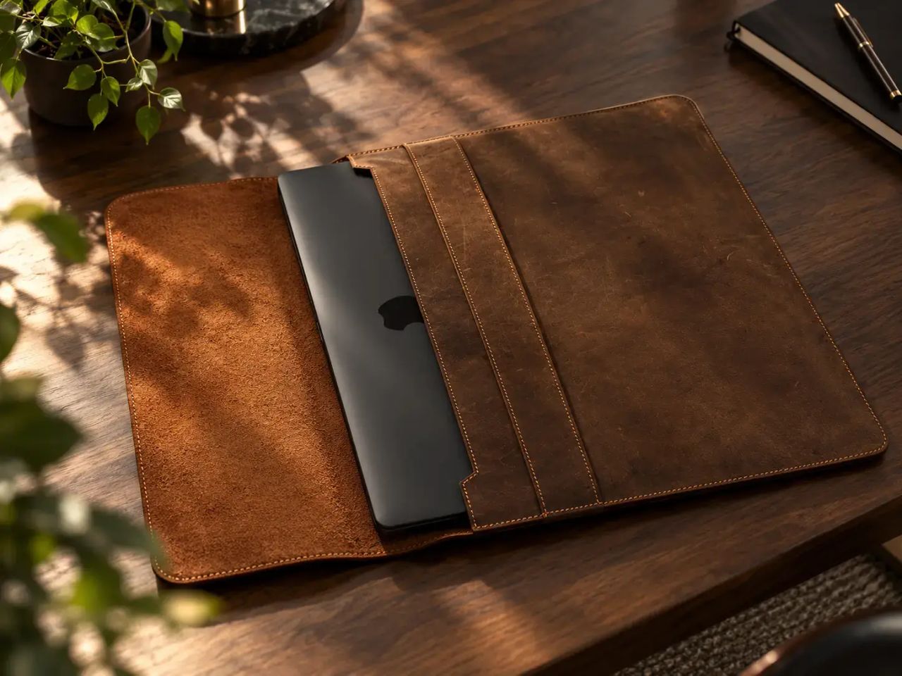 The Leather Laptop Sleeve in Brown, open on a desk with a laptop half inside