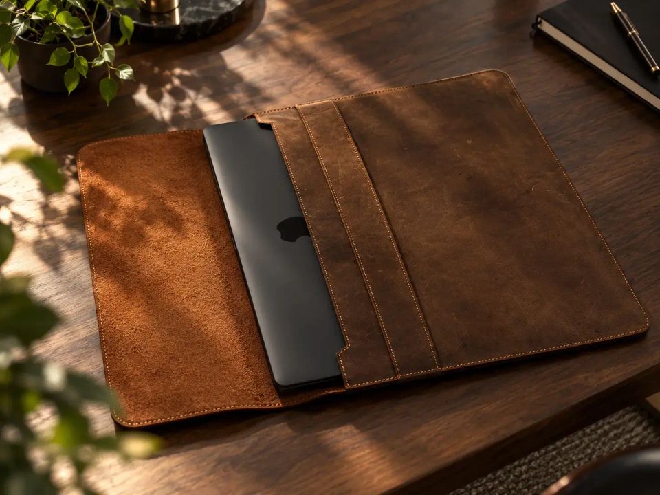 The Leather Laptop Sleeve in Brown, open on a desk with a laptop half inside