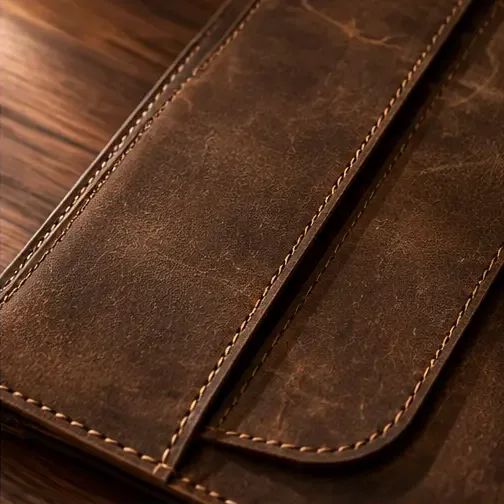 The Leather Laptop Sleeve in Brown, close-up of the hand stitching