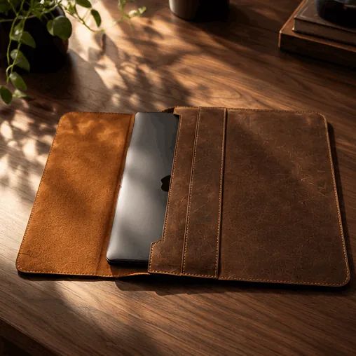 Brown the laptop held snugly inside