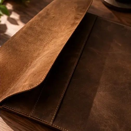 The Leather Laptop Sleeve in Brown, with the tuck-flap lifted