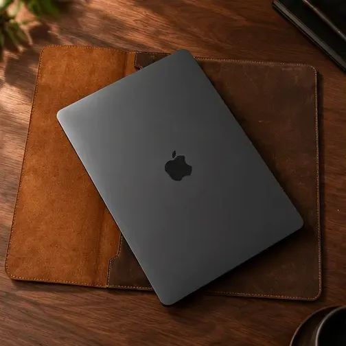 The Leather Laptop Sleeve in Brown, open with the laptop resting on top