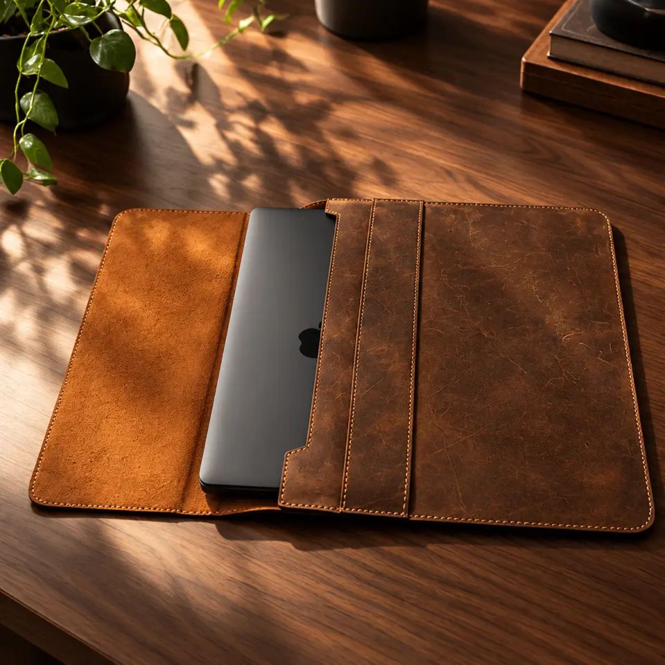 The Leather Laptop Sleeve in Brown, open on a desk, seen from above